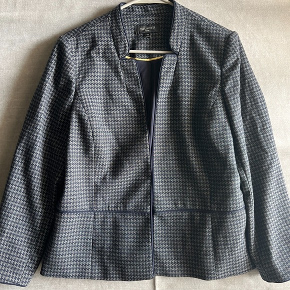 Talbots 14P Petite Navy Gray‎ Houndstooth Open Front Blazer Career Jacket - Picture 1 of 11